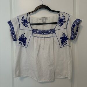Forever 21 White Blouse with Blue Floral Embroidery